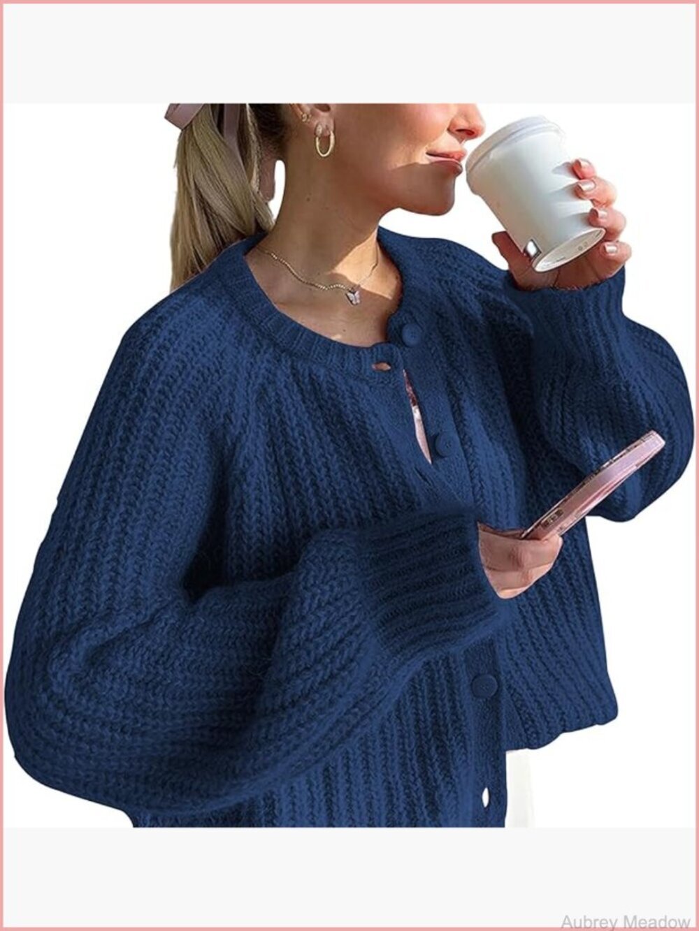 Chunky Knit Crochet Cardigan Crew Neck Long Sleeve Button Down Open Front Coat